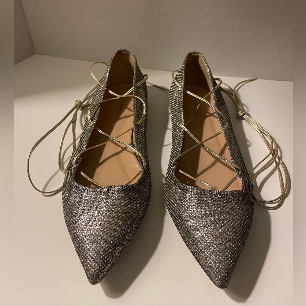JCREW Women’s Gold Silver Metallic Lace-Up Ballet Pointed Flat Shoes Size 9.5